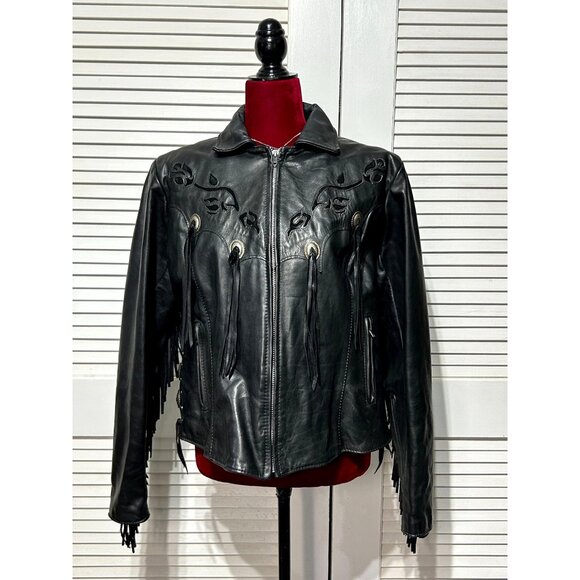 Gypsy Leather Jackets & Blazers - Vintage Gypsy Women's Black Leather Fringe Jacket Western Bohemian Size 18 3085
